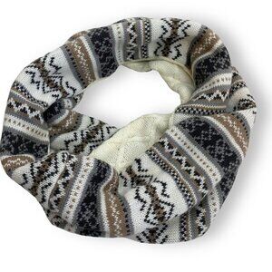 Muk Luks Infinity Loop Scarf Fair Isle Knit Ivory Beige Gray Reversible Nordic